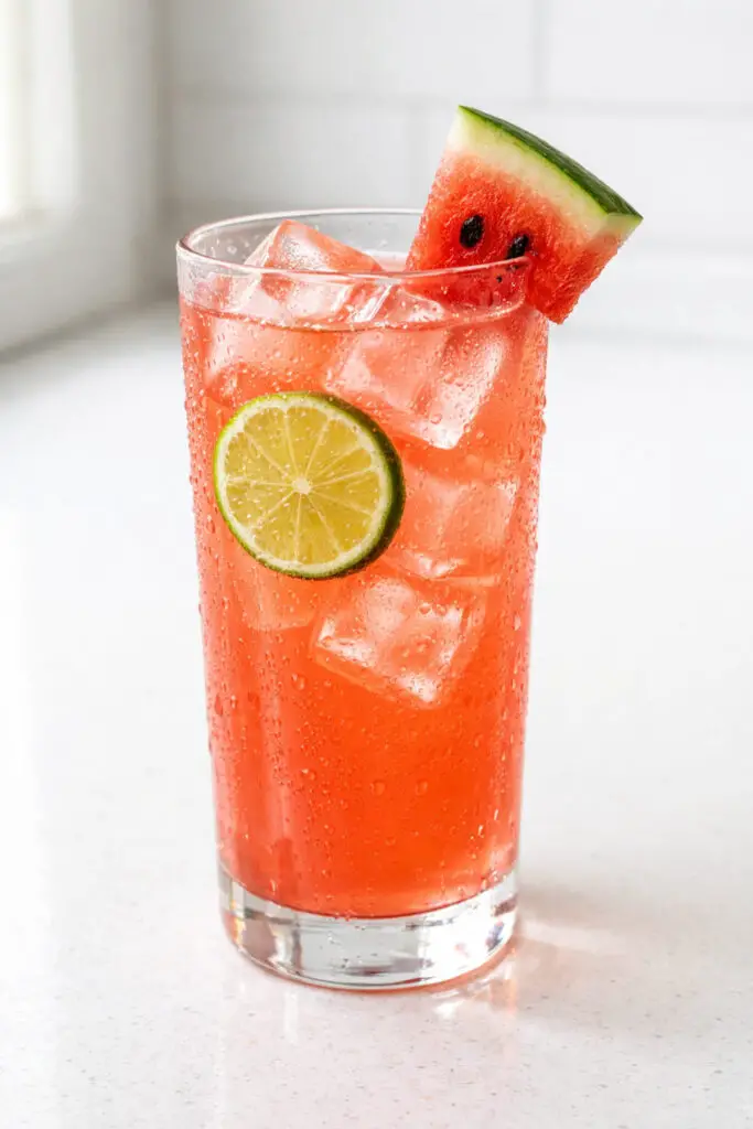 A tall, clear highball glass filled with a watermelon vodka cooler cocktail, natural light streaming from the left side, placed on a bright plain white kitchen countertop. The liquid is a vivid coral-pink with a slightly translucent appearance. Large square ice cubes are stacked neatly inside, catching the light along their sharp edges. A small triangular watermelon wedge with visible black seeds rests on the rim. Tiny condensation droplets cover the glass exterior, and a thin lime wheel floats near the surface, adding a soft green contrast against the bright countertop.