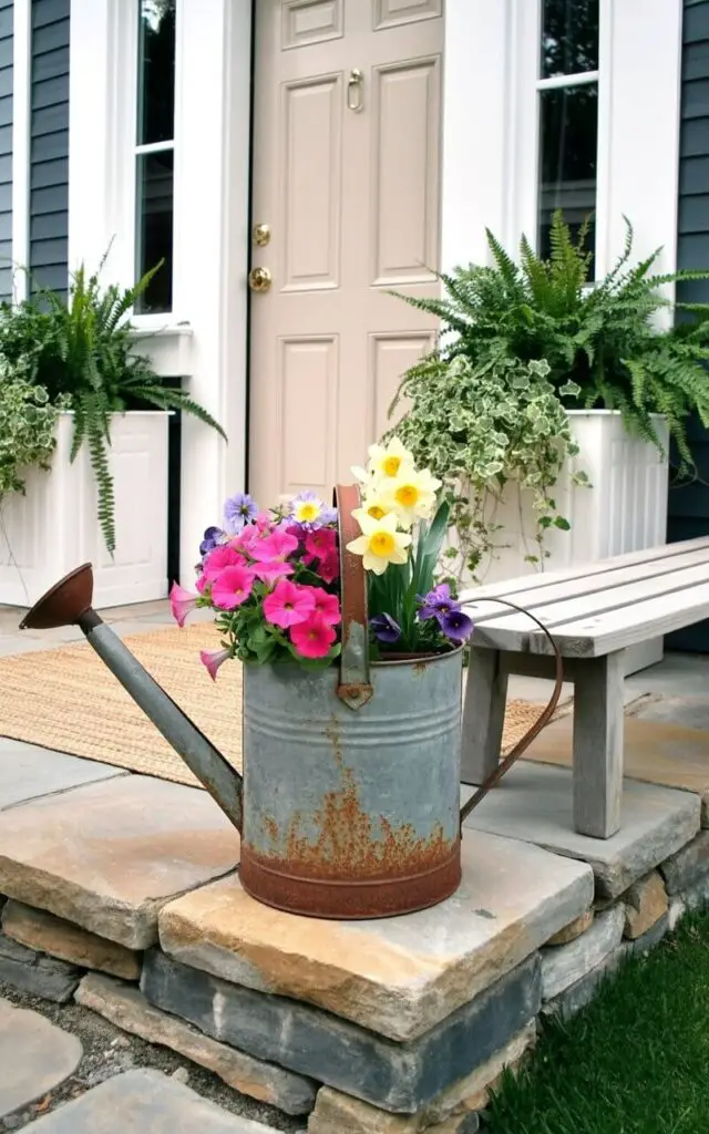 A charming spring front porch styled as a very well decorate front porch with a minimalist foundation and one playful focal piece—an old rusty vintage metal watering can repurposed as a planter filled with bright seasonal flowers. The watering can sits beside a simple wooden bench and neutral woven rug, adding character without disrupting the clean layout. The door, painted soft ivory, stands centered; the door has a keyhole and a handle in brushed brass, both clearly visible and finely detailed. Subtle greenery and balanced planters frame the entrance, while the unexpected accent brings warmth, personality, and a gentle touch of whimsy. It is on the right side of the door
