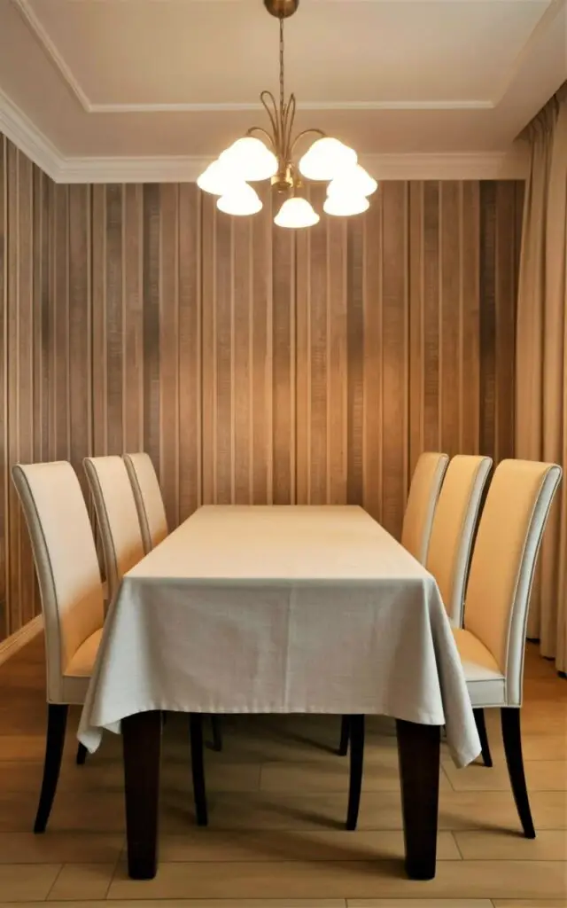 A welcoming dining space is shown with dining room wallpaper designed to resemble natural wood grain. The room reads as a very well decorate dining room where warmth and simplicity coexist. An empty dining table and dining chairs in complementary neutral tones sit centrally, emphasizing a minimalist layout. The wood-inspired wallpaper adds depth and coziness to the walls without the heaviness of real paneling. Gentle lighting highlights the grain pattern, resulting in a comfortable, grounded, and thoughtfully styled dining room. The wallpaper covers the whole room