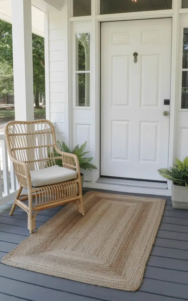 This spring front porch features layered woven elements that bring warmth without visual clutter. A rattan chair with neutral cushions sits near the doorway, accompanied by a jute rug . The space is a very well decorate front porch with a minimalist color scheme of beige, cream, and soft green. The clean-lined door in white stands centered; the door has a keyhole and opening handle in matte black, both clearly visible and proportionally balanced. Subtle greenery in ceramic planters softens the edges, while natural daylight highlights the texture of every woven surface.