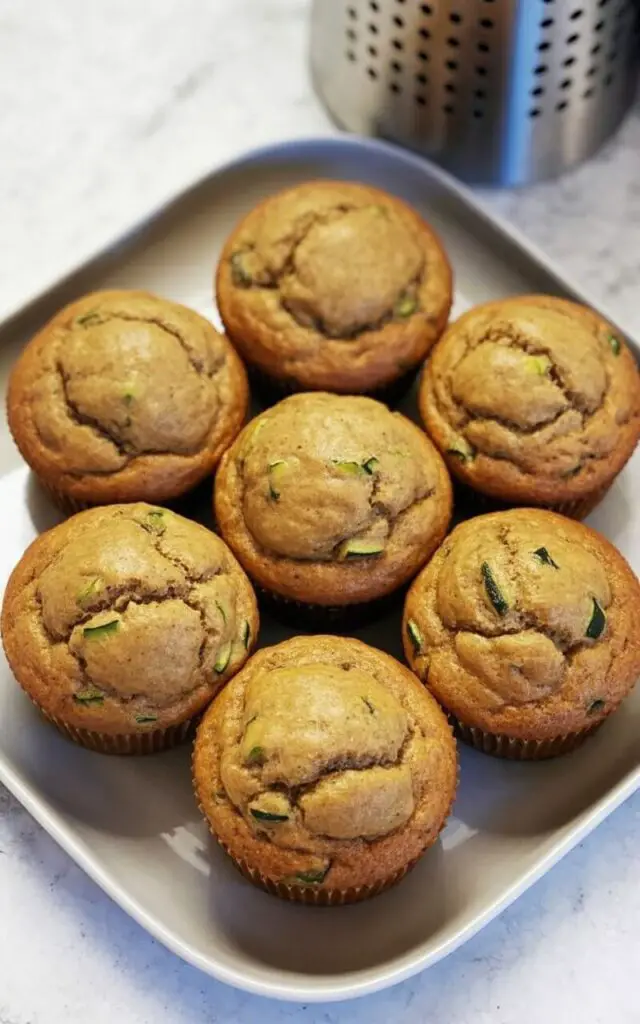 Six zucchini muffins with lightly cracked tops and a warm golden-brown color sit evenly spaced on a matte white plate with a simple, modern square shape and slightly raised rim. Tiny green zucchini flecks are distributed throughout the muffin surfaces, creating a speckled texture and visible moisture. The plate rests on a bright, clean white kitchen countertop with a subtle textured finish, and a stainless steel utensil holder is visible in the background. A soft, diffused light illuminates the muffins, highlighting their crumb structure and casting gentle shadows across the countertop.