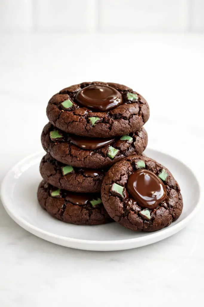 Soft chocolate cookie dessert pieces displayed in a small stack on a round white plate, placed on a bright plain white empty kitchen countertop. Each cookie is deep brown with slightly cracked tops and visible melted mint chocolate pieces on the surface. A glossy layer of melted chocolate sits at the center of each cookie, slightly pooled and smooth. Natural light highlights the fudgy texture and creates subtle shadows that define the cookies’ thick, chewy appearance.