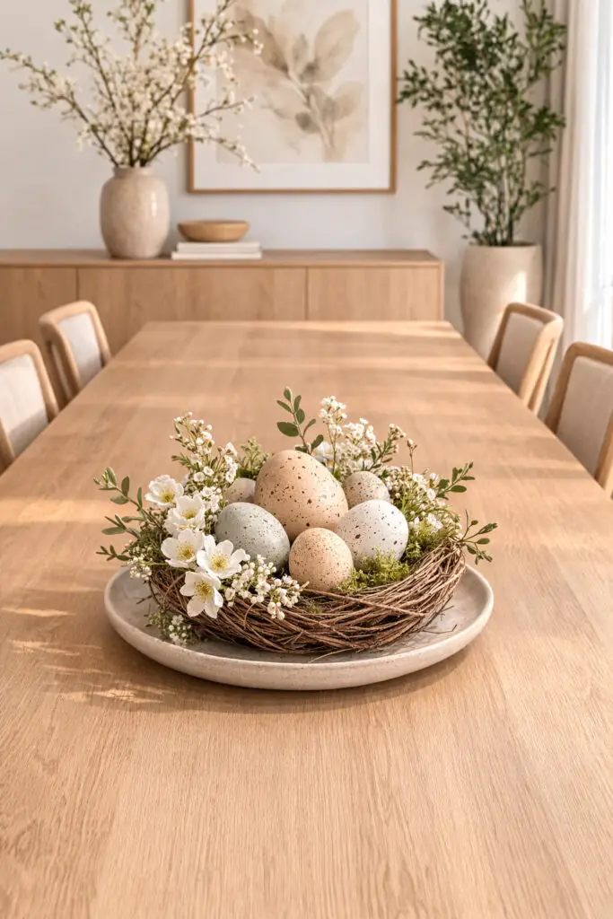 At the center of an empty large and wide dining table crafted from light natural oak sits a delicate easter centerpiece inspired by nature. The table is surrounded by simple wooden dining chairs with soft linen cushions, reinforcing the calm minimalist atmosphere of the dining room. The centerpiece features a decorative bird nest resting on a shallow ceramic plate. Inside the nest are speckled decorative eggs in neutral tones of cream, beige, and soft gray, carefully arranged to create a very well decorate centerpiece. Small sprigs of greenery and tiny white blossoms peek gently from the nest edges, adding a soft spring touch. The rest of the empty large and wide dining table remains uncluttered, highlighting the minimalist aesthetic and allowing the easter centerpiece to stand out naturally while the evenly spaced dining chairs frame the peaceful dining scene.