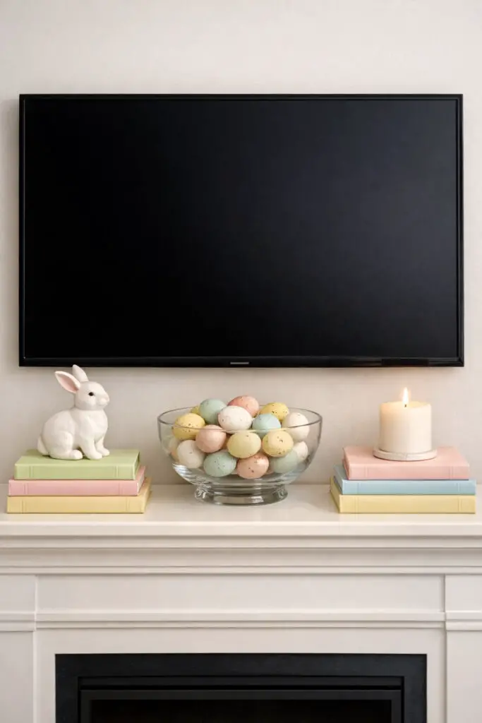 A stylish easter mantel incorporates stacked decorative books to create layers and visual interest. Two small stacks of pastel-colored books sit on opposite sides of the shelf, each topped with a ceramic bunny or a small candle. Between the stacks, a glass bowl filled with speckled eggs completes the very well decorate mantel design. The books act as subtle risers, allowing certain decorations to stand taller while maintaining a neat minimalist arrangement. The colors remain soft and coordinated, reinforcing the airy spring feeling. This easter mantel feels thoughtfully curated, proving that a very well decorate mantel can achieve a refined minimalist style through simple layering.