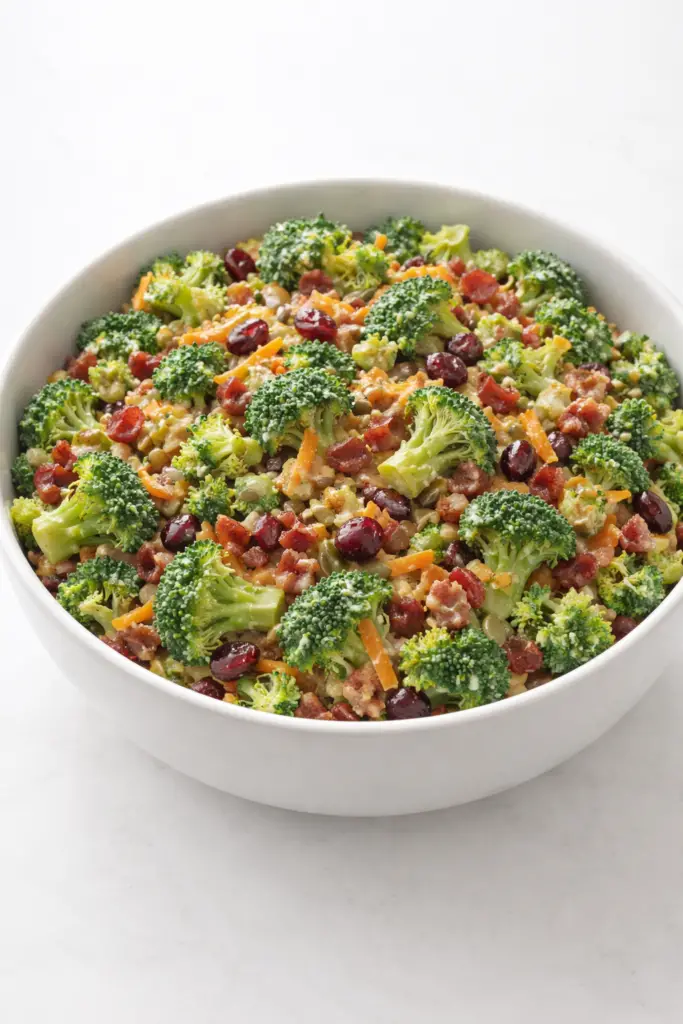 A hearty broccoli crunch salad in a white ceramic bowl filled with small bright green broccoli florets tossed with crispy bacon bits, shredded orange cheddar cheese, sunflower seeds, and dried cranberries. A creamy slightly sweet dressing lightly coats the ingredients, giving them a subtle glossy texture. The contrast of green broccoli, red cranberries, and orange cheese makes the dish visually vibrant. Soft natural light gently highlights the crunchy textures and colors. The bowl is placed on a bright plain white empty kitchen countertop, keeping the setting simple and uncluttered.