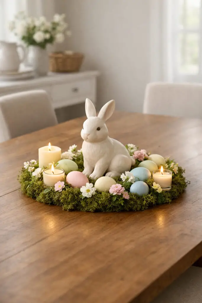 An inviting Easter dining room scene centers around an empty large dining table featuring a charming bunny-themed easter centerpiece. In the middle of the table sits a carefully chosen ceramic bunny figure in a soft neutral tone, surrounded by a tasteful arrangement of moss, pastel eggs, petite spring flowers, and a few glowing candles. The result is a very well decorate centerpiece that feels playful without becoming childish, elegant without becoming stiff. The styling remains intentionally minimalist, with plenty of open table space left visible so the display feels curated rather than crowded. Matching or coordinated dining chairs are positioned around the table, adding structure and softness to the composition. Gentle natural light enhances the smooth ceramic finish, the soft texture of the moss, and the delicate colors of the eggs and blooms, making the setting feel serene, festive, and effortlessly styled for Easter.