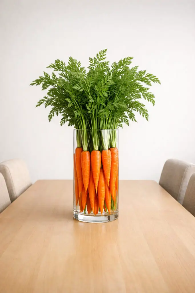 A fresh and playful Easter dining image shows an empty large dining table featuring a unique easter centerpiece made from a tall clear vase filled with fresh carrots, their leafy green tops extending upward in a dramatic and organic way. The bold orange carrots contrast beautifully with the rich greens, creating a very well decorate centerpiece that feels unexpected, seasonal, and full of spring energy. The composition remains minimalist, with no excess clutter on the table, allowing the unusual arrangement to command attention in a clean and modern way. Soft-toned dining chairs frame the table, complementing the natural palette and reinforcing the calm, balanced setting. The image should capture the crisp texture of the carrots, the liveliness of the greens, and the cheerful, farm-fresh character of the display, making the centerpiece feel inventive and perfectly suited to Easter.