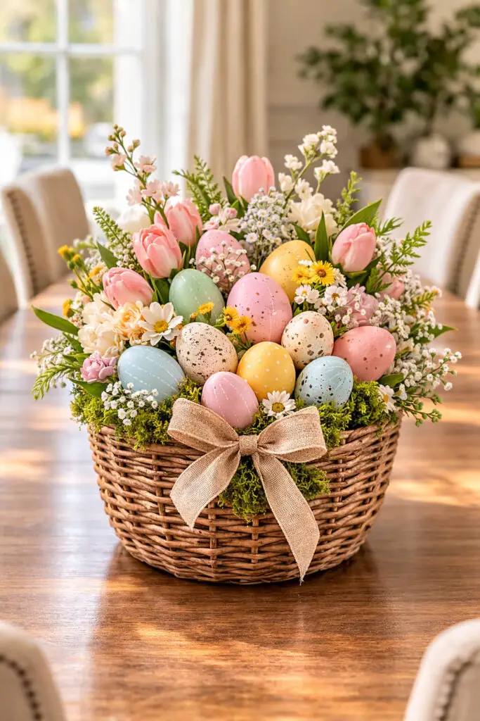 A bright, spring-filled easter centerpiece styled as a rustic woven basket overflowing with hand-painted pastel eggs, speckled eggs, soft green moss, and tiny white blossoms, arranged in the exact center of an empty dining table. The table is clean, polished, and subtly elegant, surrounded by neatly placed dining chairs in a simple, refined style. The overall setting feels minimalist yet warm, allowing the basket arrangement to stand out as a very well decorate centerpiece with layered textures, gentle seasonal colors, and a fresh Easter mood. Natural daylight pours across the table, highlighting the wicker texture, the delicate petals, and the softly muted spring palette without making the scene feel cluttered.