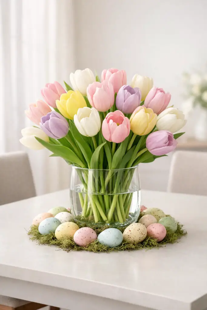 A graceful floral easter centerpiece featuring a clear glass vase filled with fresh tulips in soft shades of blush pink, buttery yellow, creamy white, and pale lavender, placed on an empty dining table with clean lines and understated styling. Around the vase base, a subtle ring of decorative speckled eggs and a touch of moss add seasonal detail without overwhelming the arrangement. The table is framed by modern dining chairs, and the room has a minimalist atmosphere with soft natural light, airy spacing, and a fresh spring calm. The composition should feel balanced, polished, and refined, presenting the tulips as a very well decorate centerpiece that brings elegance, color, and effortless Easter charm to the room.