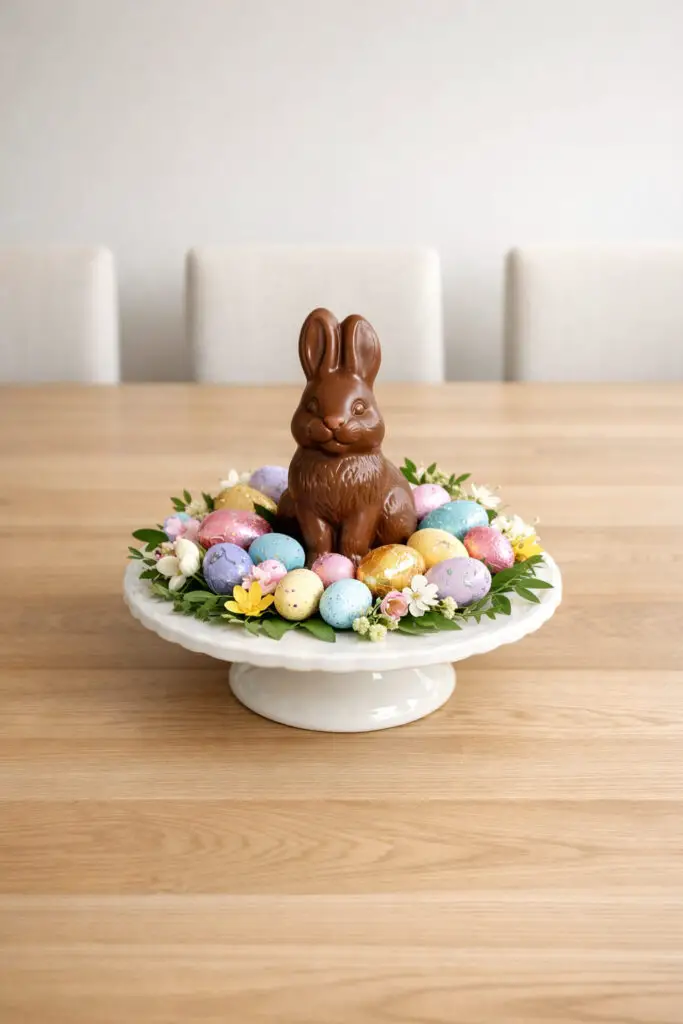 At the center of an empty big dining table with a smooth light wood finish sits a playful yet elegant easter centerpiece built around a classic chocolate bunny. The table is surrounded by minimalist dining chairs with soft beige cushions and slim wooden frames, creating a clean and balanced dining space. The chocolate bunny stands proudly on a white ceramic cake stand, surrounded by pastel-wrapped chocolates, speckled eggs, and tiny decorative flowers. A few sprigs of greenery soften the arrangement, turning it into a very well decorate centerpiece that feels festive yet refined. The rest of the empty big dining table remains uncluttered, allowing the chocolate display to stand out beautifully while the minimalist dining chairs frame the cheerful easter centerpiece.