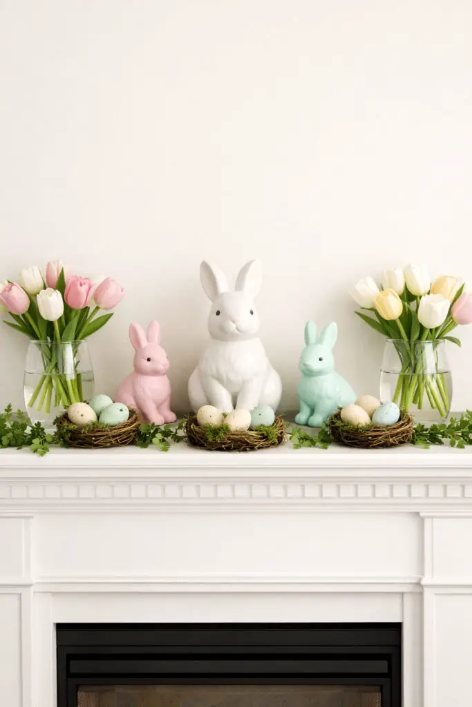 A beautifully styled easter mantel sits above a white fireplace, arranged with a balanced and very well decorate mantel composition. At the center stands a medium-sized white ceramic bunny figurine, flanked by two smaller pastel bunny figures in soft pink and pale mint. Around them, decorative speckled eggs rest in small nests made of moss and twigs. The background wall is light cream, enhancing the airy minimalist aesthetic while still feeling festive. Two simple glass vases with delicate tulips frame the display, and a light greenery garland runs along the edge of the easter mantel. The arrangement feels thoughtfully layered yet uncluttered, giving the very well decorate mantel a refined seasonal charm that remains balanced and gently minimalist.