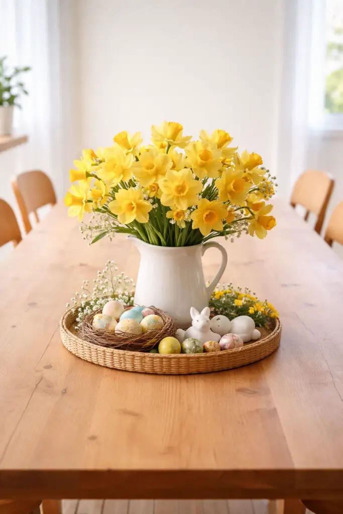 A cheerful easter centerpiece sits gracefully in the center of an empty big dining table with a natural wood surface and minimalist styling. The table is surrounded by simple dining chairs with neutral upholstered seats and wooden frames that complement the soft color palette of the room. A large ceramic pitcher filled with vibrant yellow daffodils forms the focal point of the arrangement. The flowers spill gently outward, creating a very well decorate centerpiece that feels lively and full of spring freshness. The rest of the empty big dining table remains clear, reinforcing the minimalist design while the surrounding dining chairs frame the bright floral display beautifully.