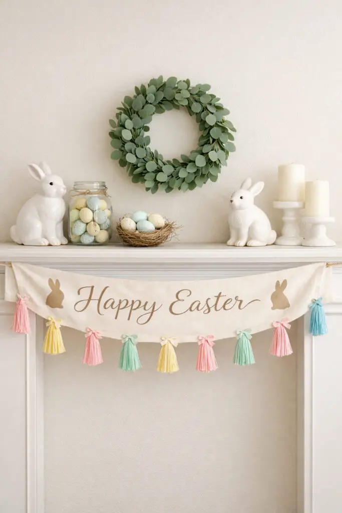 This festive easter mantel features a soft fabric banner draped gracefully across the front edge of the shelf. The banner reads “Happy Easter” in delicate lettering and includes small bunny silhouettes and pastel tassels. Above the banner, the shelf holds a very well decorate mantel arrangement with ceramic bunny figurines, glass jars filled with speckled eggs, and two white candles in simple holders. A small eucalyptus wreath hangs above the mantel, tying the display together. The overall composition remains tidy and minimalist, ensuring the decorations never feel overwhelming. The easter mantel looks joyful and welcoming, with the very well decorate mantel offering a festive yet tasteful minimalist aesthetic.