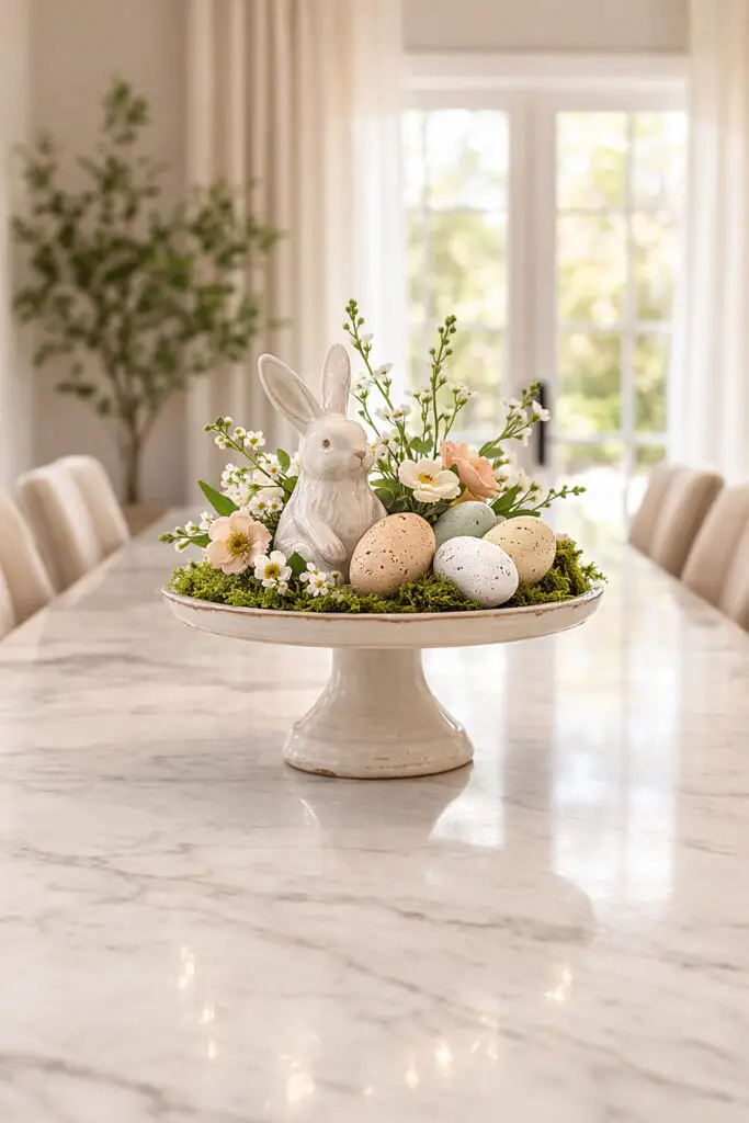 A charming easter centerpiece is displayed on a raised cake stand positioned at the center of an empty big dining table with a polished marble surface. Surrounding the table are elegant minimalist dining chairs with light wooden frames and simple upholstered seats that complement the airy setting. The cake stand holds a carefully styled arrangement featuring a small ceramic bunny, decorative speckled eggs, patches of soft moss, and a few tiny spring flowers. Together they form a very well decorate centerpiece with gentle height and visual interest. The rest of the empty big dining table remains uncluttered, emphasizing the minimalist style while allowing the elevated display to become the focal point within the dining chairs’ balanced arrangement.