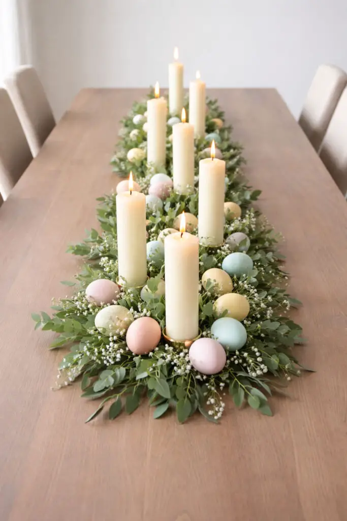 An elegant easter centerpiece runs along the middle of an empty big dining table with a soft matte wood finish. The table is surrounded by minimalist dining chairs with slender backs and neutral fabric seats that contribute to the clean and balanced aesthetic. Tall ivory candles stand upright along the center of the table, while a lush garland of greenery winds around their bases. Nestled within the greenery are pastel decorative eggs that transform the arrangement into a very well decorate centerpiece full of seasonal charm. The rest of the empty big dining table remains intentionally bare to maintain the minimalist style. The dining chairs surrounding the table create a symmetrical frame for the glowing candle display.