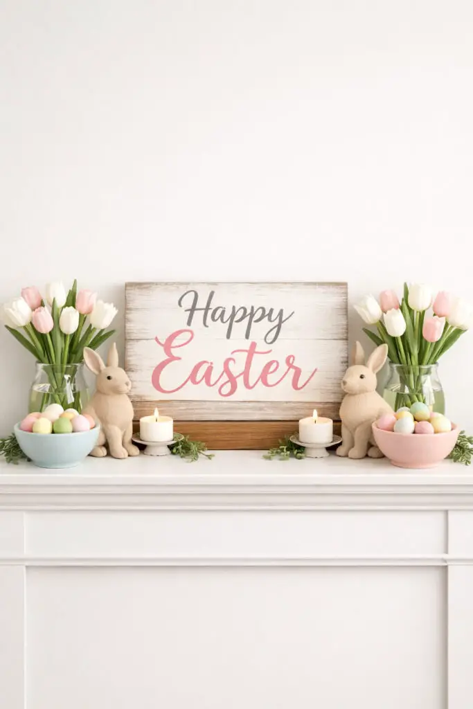 At the center of this festive easter mantel, a wooden sign reading “Happy Easter” leans casually against the wall. Around it, the very well decorate mantel includes pastel egg bowls, two neutral bunny figurines, and simple glass vases filled with fresh tulips. The decorations are arranged symmetrically, creating a polished and balanced display. The color palette stays soft and restrained, helping the easter mantel feel bright but still minimalist. Small touches of greenery add life without crowding the space. This very well decorate mantel showcases how a single statement sign can anchor the design while keeping the entire look clean and minimalist.