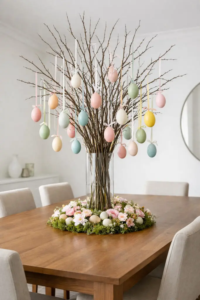 A visually captivating Easter dining room scene highlights an empty large dining table with a floral egg tree as the main easter centerpiece. A tall vase filled with slender decorative branches rises from the center of the table, with lightweight pastel eggs suspended delicately from ribbons, creating height and whimsical movement. Around the base, there are soft blossoms, moss, or greenery, turning it into a very well decorate centerpiece that feels festive, airy, and artfully composed. The surrounding décor stays minimalist, with ample negative space on the tabletop and clean lines throughout the room. Elegant dining chairs are placed neatly around the table, giving the setup a refined and intentional feel. The image should capture the floating quality of the hanging eggs, the sculptural beauty of the branches, and the graceful Easter mood of the entire arrangement.