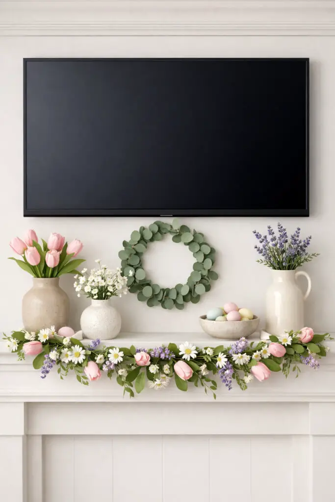 This elegant easter mantel features a cascading spring floral garland draped naturally across the front of the shelf. The garland includes soft pink tulips, tiny white daisies, lavender blossoms, and fresh-looking green leaves. The display forms a very well decorate mantel that feels lively yet carefully arranged. Above the mantel hangs a simple circular wreath made from eucalyptus leaves. On the shelf itself, three neutral ceramic vases hold additional spring stems, while small pastel eggs are scattered in decorative bowls. The styling embraces a bright spring palette but maintains a minimalist balance with plenty of negative space between objects. The result is a fresh, airy easter mantel scene where the very well decorate mantel feels natural, welcoming, and subtly minimalist.