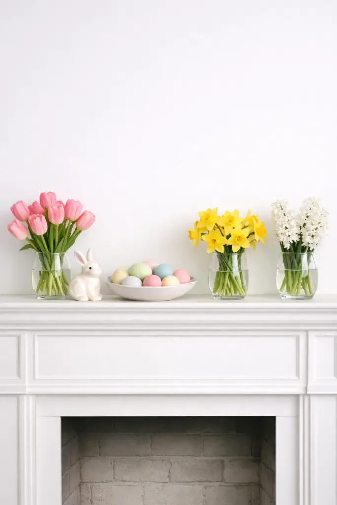 A bright and cheerful easter mantel sits above a white fireplace, styled with fresh seasonal flowers that instantly bring life to the space. Three clear glass vases hold vibrant tulips in soft pink, buttery yellow daffodils, and delicate white hyacinths. The flowers are spaced evenly across the shelf to create a very well decorate mantel that feels airy and balanced. A small ceramic bunny sits beside one vase, while pastel eggs rest in a shallow bowl. Despite the vibrant blooms, the arrangement maintains a clean minimalist layout with plenty of breathing room. The easter mantel feels fresh, elegant, and naturally styled, proving how a very well decorate mantel can remain calm and minimalist while celebrating spring.