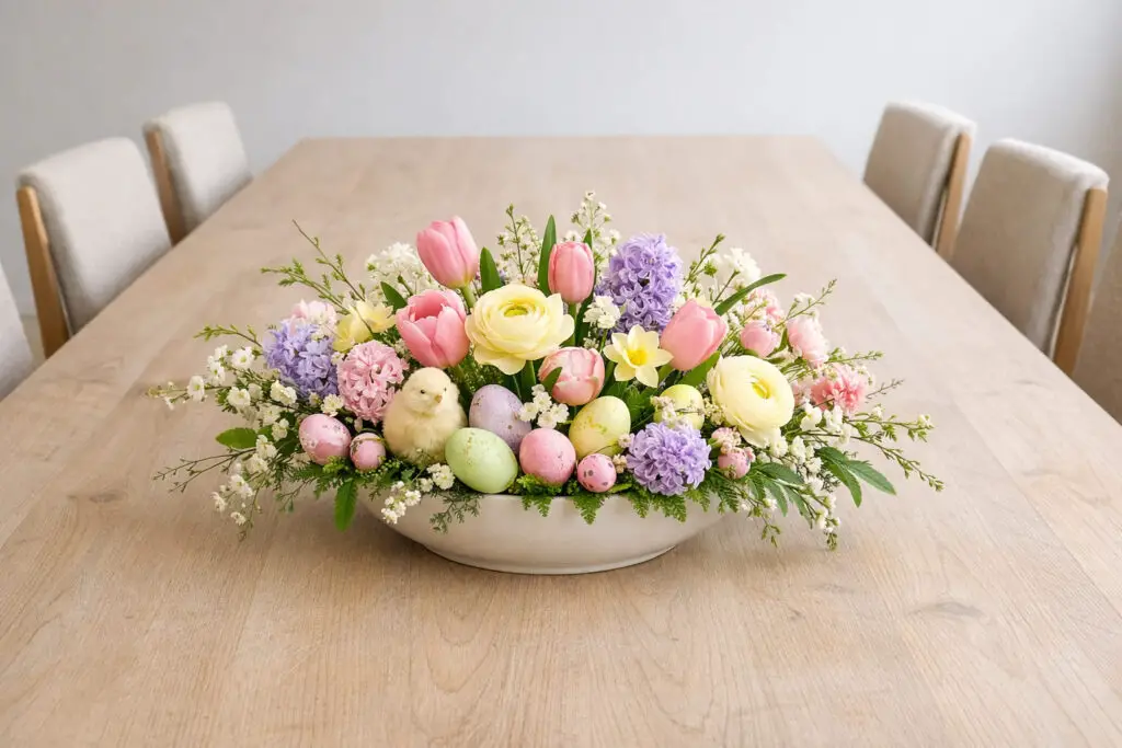 A lush garden-style easter centerpiece sits gracefully at the center of an empty big dining table with a pale natural wood finish, surrounded evenly by minimalist dining chairs with neutral upholstery and slender wooden frames. The centerpiece features a low, wide ceramic vase overflowing with fresh spring flowers including tulips, ranunculus, hyacinths, and delicate greenery. The flowers spill naturally outward, creating a very well decorate centerpiece that looks like a miniature spring garden. Soft pastel colors—pink, lavender, creamy white, and light yellow—add vibrancy while still complementing the minimalist setting. The empty big dining table provides plenty of open space around the arrangement, allowing the elegant easter centerpiece to remain the visual focal point within the surrounding dining chairs.