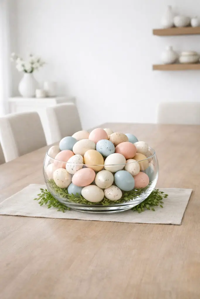 In a bright and modern dining room, an empty large dining table is styled with a clear glass bowl overflowing with beautifully arranged decorative eggs, forming a simple but striking easter centerpiece. The eggs are displayed in a coordinated palette of soft pastels and subtle neutrals, creating a very well decorate centerpiece that feels clean, airy, and visually satisfying. Beneath the bowl sits a faint layer of fresh greenery or a soft linen runner to add texture without overwhelming the design. The room’s overall aesthetic is distinctly minimalist, with open space across the table and carefully chosen details that feel intentional rather than excessive. Graceful dining chairs line both sides of the table, enhancing the symmetry of the composition. Light passes through the glass bowl, catching the colors and finishes of the eggs, producing an elegant Easter image that looks effortless yet expertly styled.