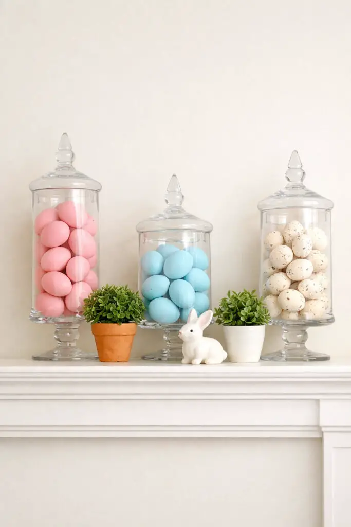 A bright and playful easter mantel displays decorative eggs inside elegant glass containers. Three apothecary jars of varying heights sit across the shelf, each filled with pastel eggs in soft pink, blue, and speckled white. The jars create a layered very well decorate mantel look that adds visual height without clutter. Between the jars, small potted greenery and a tiny white bunny figurine bring gentle seasonal charm. The clean glass containers keep the overall design airy and minimalist, allowing the colors of the eggs to stand out. This easter mantel feels fresh and polished, showing how a very well decorate mantel can be festive while maintaining a calm and tasteful minimalist balance.