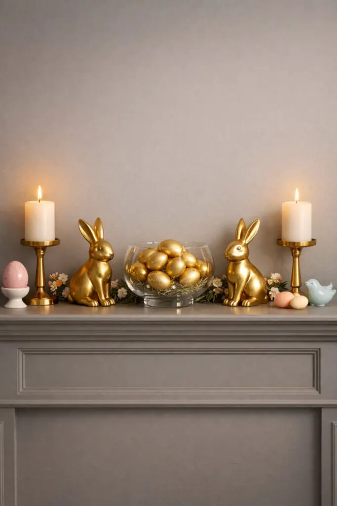 A sophisticated easter mantel features subtle metallic details that elevate the seasonal decor. Small gold-painted eggs sit inside a glass bowl at the center, flanked by two gold bunny figurines. White pillar candles in gold holders complete the very well decorate mantel arrangement. A few pastel decorations remain present to keep the design festive, but the metallic accents add a touch of elegance. The decorations are spaced carefully across the shelf to maintain a calm minimalist look. The easter mantel glows gently under warm lighting, showing how a very well decorate mantel can blend luxury with a soft minimalist aesthetic.