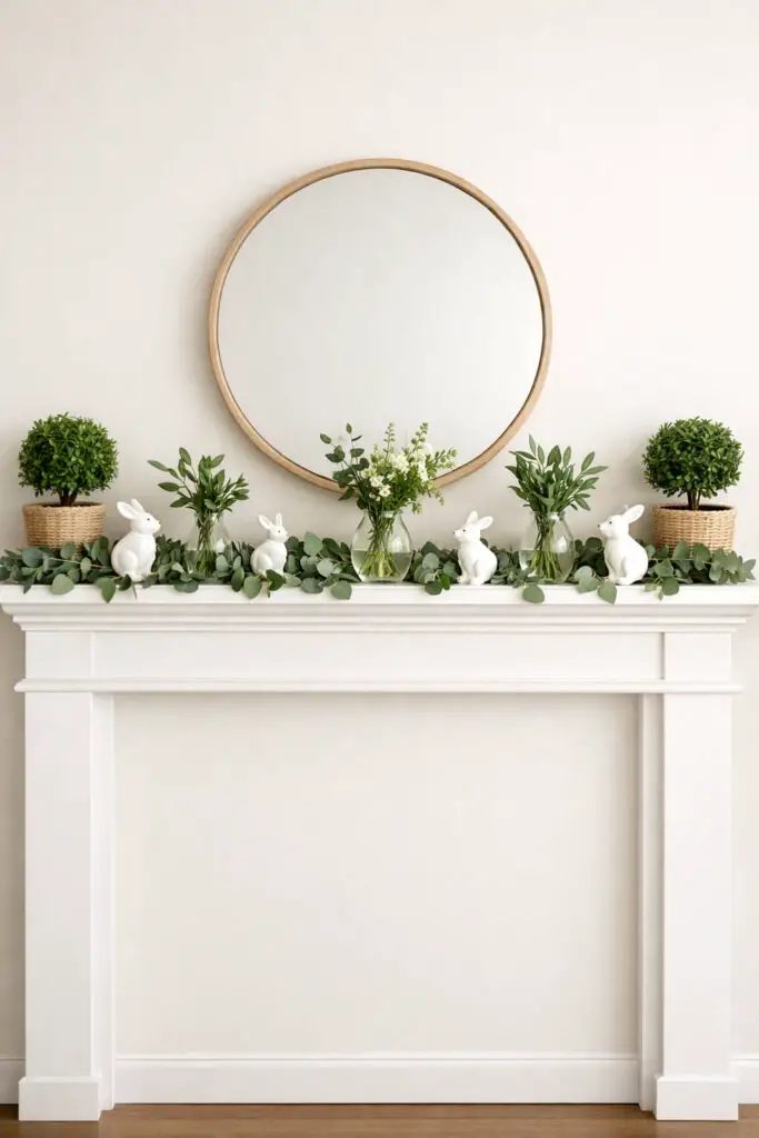 A refreshing easter mantel highlights lush greenery as the main decorative element. A soft eucalyptus garland runs along the shelf, creating the base of the very well decorate mantel arrangement. Small white bunny figurines and glass vases filled with fresh greenery are placed evenly along the garland. A pair of small potted plants sits at each end, adding height and symmetry. The natural green tones contrast beautifully with the neutral background while maintaining a clean minimalist layout. The easter mantel feels vibrant yet calm, demonstrating how a very well decorate mantel can stay elegant and minimalist while embracing natural spring textures.