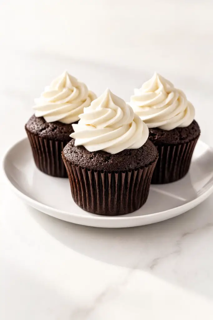 A chocolate cupcake dessert topped with a tall swirl of cream cheese frosting arranged on a simple white plate, placed on a bright plain white empty kitchen countertop. The cupcake liner is dark brown, and the frosting is piped smoothly to resemble the foamy head of a stout. The cupcake crumb appears moist and slightly porous. Natural light falls evenly across the dessert, highlighting the contrast between the deep chocolate base and the bright white frosting.