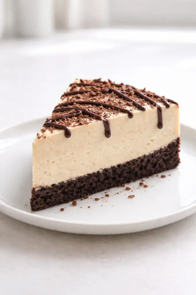 A slice of Irish cream cheesecake dessert with a chocolate cookie crust resting on a clean white plate, placed on a bright plain white empty kitchen countertop. The cheesecake layer is smooth and pale ivory with a dense, creamy texture. The top is finished with fine chocolate shavings and a light drizzle of chocolate sauce. Natural light highlights the silky surface and creates soft shadows that define the thick crust and rich filling layers.