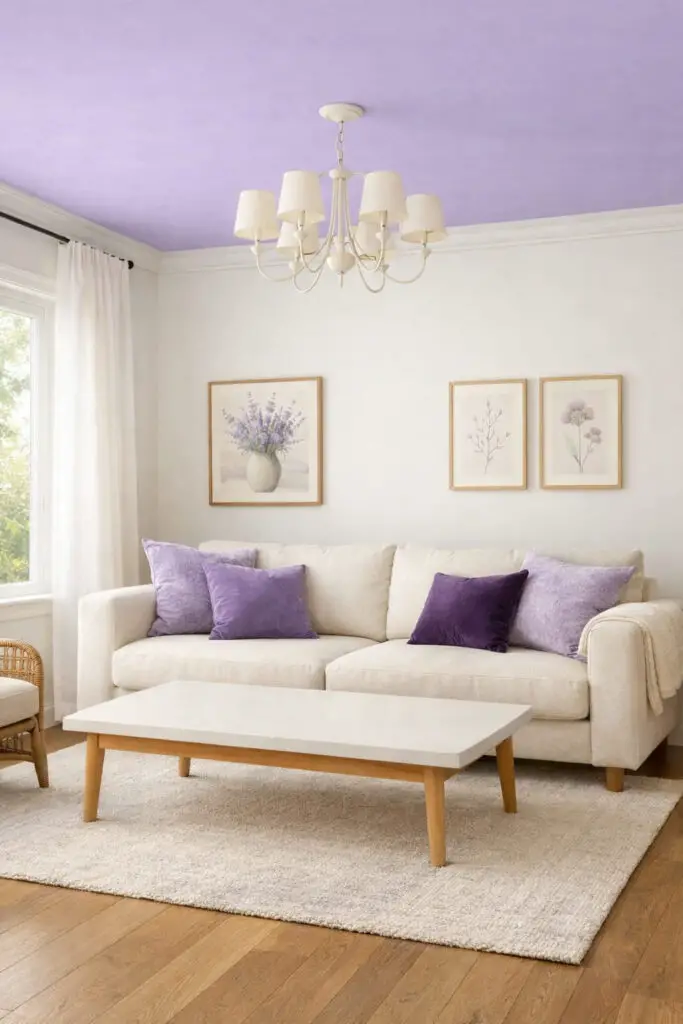 A bright and elegant purple living room featuring a soft lavender-painted ceiling that subtly draws the eye upward. The room is a very well decorate living room with a calm and airy aesthetic. White walls keep the space light and open while the lavender ceiling adds an unexpected yet gentle touch of color. A plush neutral very cozy sofa sits comfortably beneath the ceiling, decorated with lavender and violet cushions. Positioned in the center is a smooth rectangular empty coffee table with simple wooden legs that emphasize the minimalist layout. Soft curtains, delicate wall art, and natural daylight enhance the serene and sophisticated atmosphere of the room.