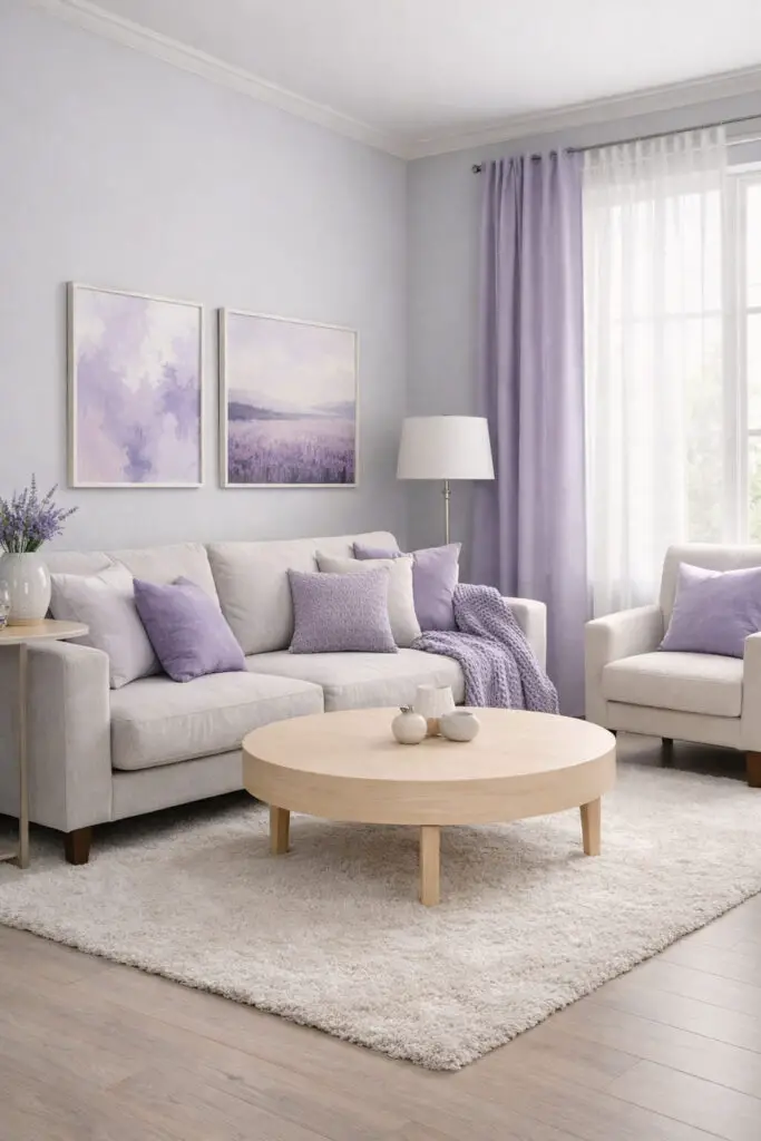 A calm and refined purple living room designed with a soft lavender and gray palette. The walls are painted light gray, while lavender accents appear throughout the room, creating a balanced and serene atmosphere. The space feels like a very well decorate living room with thoughtful placement of furniture and décor. A plush light-gray very cozy sofa sits along one wall, styled with lavender pillows and a knitted purple throw. At the center stands a simple round empty coffee table made of pale wood that enhances the minimalist design. A soft rug, subtle wall art featuring lavender hues, and gentle natural light from large windows complete the peaceful aesthetic. The room feels airy, stylish, and quietly sophisticated.