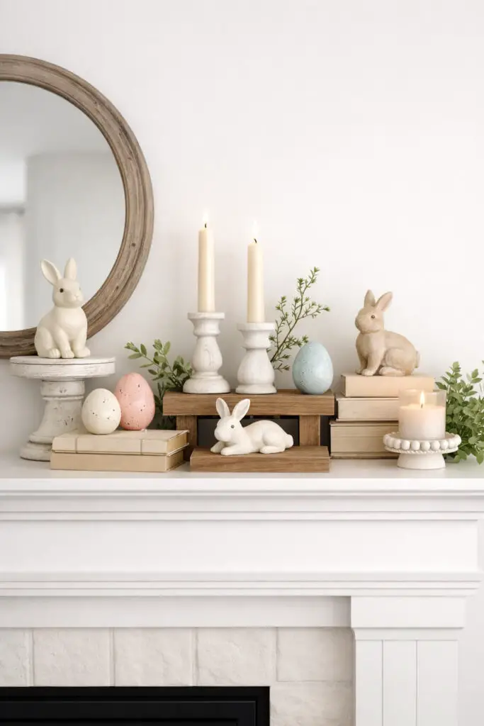A thoughtfully layered easter mantel uses decorative risers and stacked books to create depth. Small bunny figurines, ceramic eggs, and candle holders are elevated at different levels, forming a very well decorate mantel with dynamic visual interest. Neutral tones dominate the palette, allowing the pastel accents to stand out gently. The display feels carefully curated but not overcrowded, preserving a calm minimalist structure across the easter mantel. A few sprigs of greenery soften the arrangement and tie the elements together. The finished very well decorate mantel demonstrates how height variation can create a designer-quality display while maintaining a clean minimalist aesthetic.