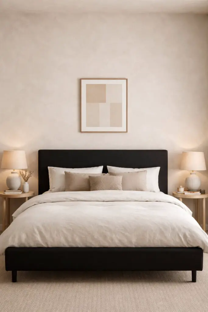 Limewash Bedroom With Black Bed