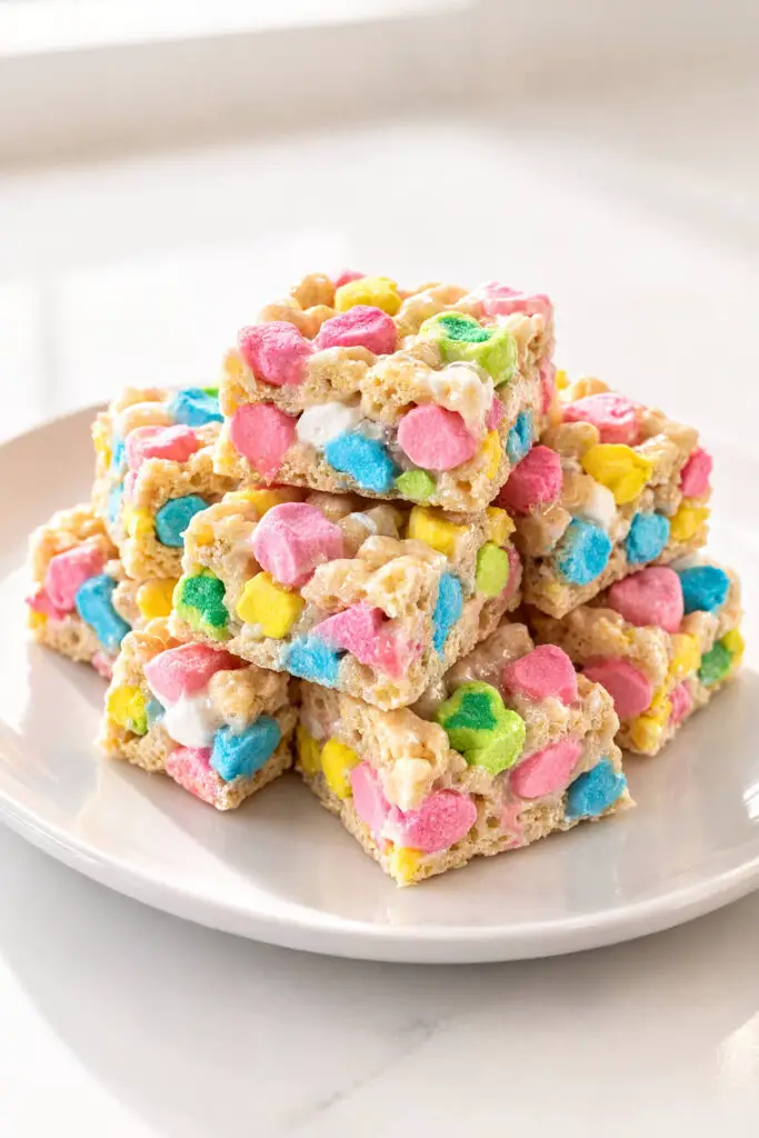 Square cereal marshmallow treat dessert pieces arranged in a staggered stack on a glossy white plate, placed on a bright plain white empty kitchen countertop. The treats are packed with colorful marshmallow shapes in pink, blue, yellow, and green embedded in a sticky marshmallow base. The texture appears chewy and slightly glossy. Natural light enhances the bright cereal colors and creates subtle reflections on the sticky surface of the marshmallow coating.