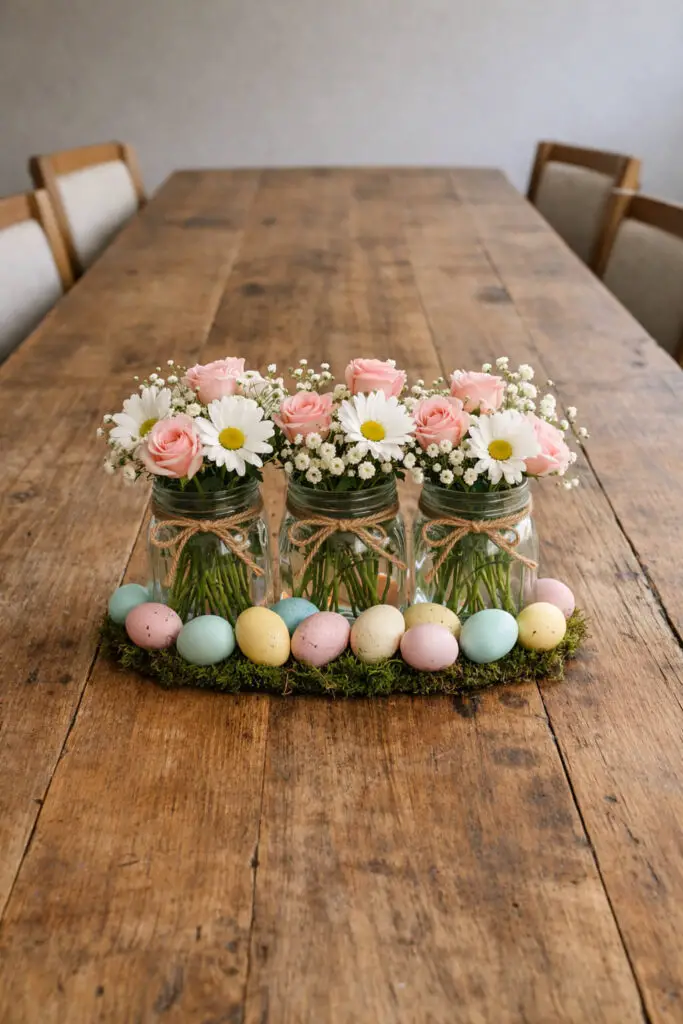 In the middle of an empty large and wide dining table made of reclaimed wood sits a rustic easter centerpiece composed of three mason jars arranged in a neat row. The table is surrounded by minimalist dining chairs featuring simple wooden frames and soft neutral cushions. Each jar holds fresh spring flowers—daisies, baby's breath, and soft pink roses—creating a cheerful yet refined floral display. Twine is wrapped around the neck of each jar, and small pastel eggs rest gently at their base, forming a very well decorate centerpiece that blends farmhouse charm with seasonal elegance. The rest of the empty large and wide dining table remains clear, reinforcing the minimalist style while the dining chairs frame the arrangement beautifully.