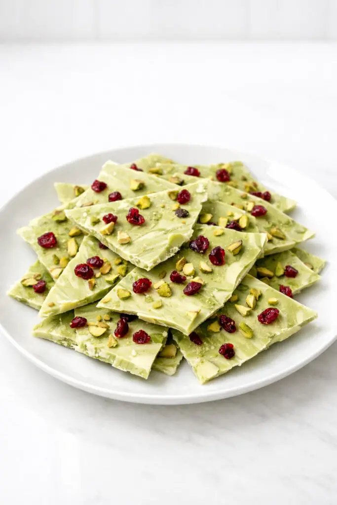 Irregular shards of matcha white chocolate bark dessert arranged in a slightly overlapping pattern on a glossy white plate, placed on a bright plain white empty kitchen countertop. The bark is pale green with delicate marbling from blended matcha powder. Small pieces of chopped pistachios and dried red cranberries are embedded across the surface. The edges are uneven and crisp. Natural light reflects gently off the smooth chocolate surface, emphasizing the contrast between the creamy base and textured toppings.