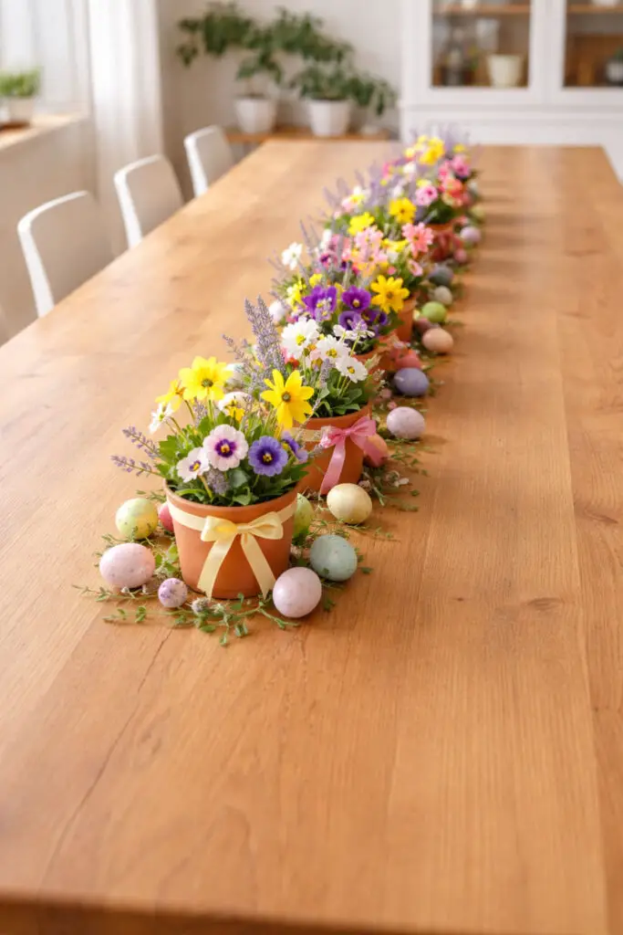 A cheerful easter centerpiece stretches across the middle of an empty big dining table with a warm natural wood surface. The table is surrounded by minimalist dining chairs arranged evenly on both sides, creating a clean and uncluttered dining setting. Several small terracotta flower pots are placed in a straight line down the center, each filled with vibrant spring flowers such as pansies, tiny daffodils, and soft lavender blooms. Pastel ribbons tied around the pots add a festive touch, transforming the arrangement into a very well decorate centerpiece. The rest of the empty big dining table remains clear, enhancing the minimalist look and allowing the row of colorful flowers to stand out beautifully among the dining chairs.