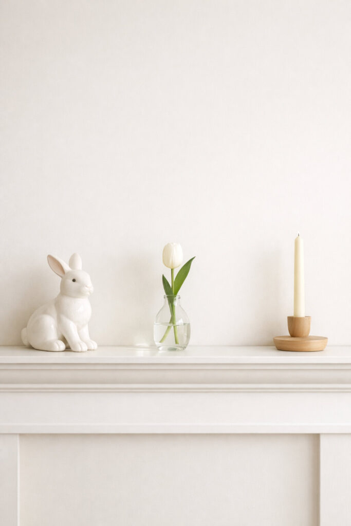 A serene and sophisticated easter mantel embraces a refined minimalist design. Only a few carefully chosen pieces sit on the shelf: a white ceramic bunny, a small glass vase holding a single stem of tulip, and a neutral candle holder. The decorations are spaced generously to create a very well decorate mantel that feels calm and uncluttered. Soft natural light reflects off the smooth surfaces, emphasizing the simplicity of the arrangement. The neutral palette of white, cream, and light wood enhances the clean minimalist atmosphere. This easter mantel demonstrates how a very well decorate mantel can celebrate the holiday in a quiet, elegant, and beautifully minimalist way.