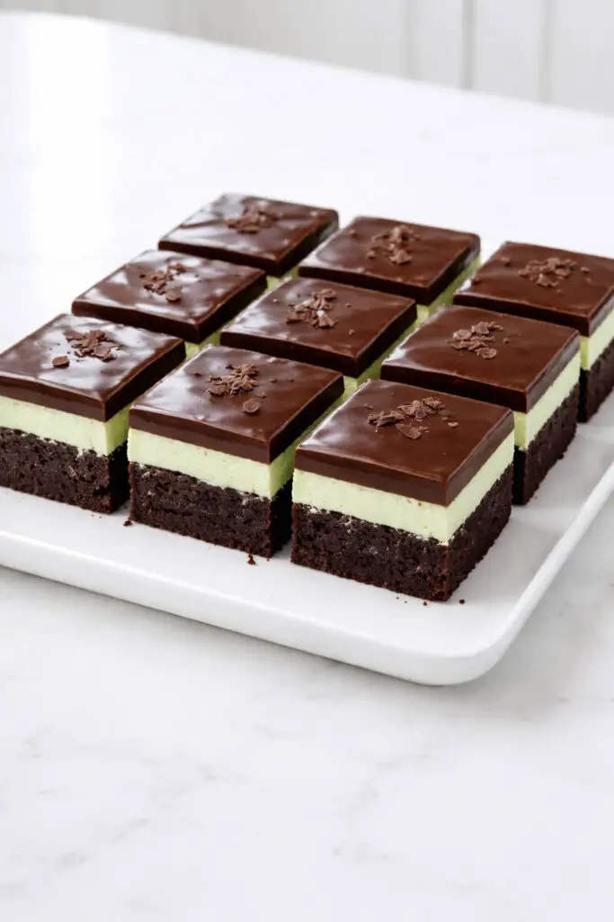 A rich mint chocolate brownie dessert cut into even square portions and arranged in a tidy grid on a rectangular white plate, placed on a bright plain white empty kitchen countertop. Each brownie clearly shows three layers: dense dark chocolate base, pale green mint frosting center, and shiny chocolate ganache topping. The ganache reflects natural light, creating a gentle sheen. Crumbs are minimal and edges are sharp, emphasizing clean cuts and the smooth, creamy mint layer.