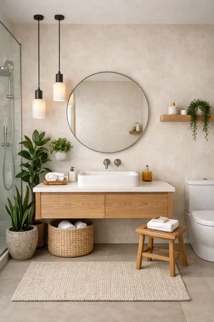 A balanced limewash bathroom blending modern fixtures with natural elements like wood and greenery. The limewash walls in a soft neutral tone add texture and warmth to the sleek design. This very well decorated bathroom includes clean-lined fixtures, a wooden vanity, and a few carefully placed plants. The space is clean and neat, with a harmonious layout. The design is very minimalist, achieving a perfect mix of contemporary and organic styles.