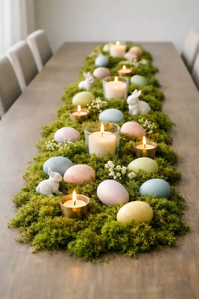 A long empty large dining table is transformed by a lush moss runner that stretches gracefully down the center, creating a nature-inspired easter centerpiece with depth and softness. Tucked into the moss are pastel eggs, tiny bunny accents, and small candle holders, forming a very well decorate centerpiece that feels organic, elegant, and richly layered. The styling is still unmistakably minimalist because the elements are low, cohesive, and intentionally spaced, allowing the table to feel open and serene rather than busy. A row of tasteful dining chairs lines the table, contributing to the polished, symmetrical presentation. The image should emphasize the earthy green textures of the moss, the delicate matte finish of the eggs, and the gentle glow of candlelight or natural daylight, creating a fresh Easter tablescape that feels calm, stylish, and deeply seasonal.