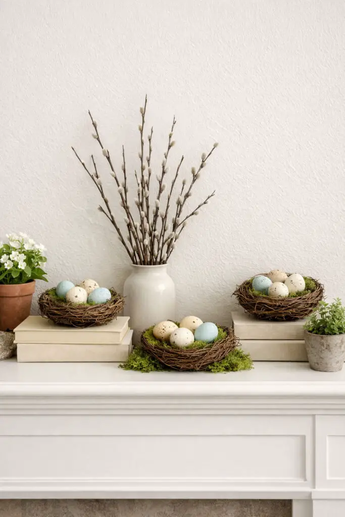 This nature-inspired easter mantel features small decorative bird nests filled with speckled eggs. Each nest rests on a base of soft green moss, creating a beautifully textured very well decorate mantel arrangement. A few stacked neutral books elevate certain nests to different heights, adding depth to the design. Small potted plants and a subtle branch arrangement bring additional organic elements to the easter mantel. Despite the natural textures, the decorations remain intentionally spaced to maintain a balanced minimalist look. The result is a calm, earthy very well decorate mantel that celebrates spring while keeping the overall styling fresh and minimalist.