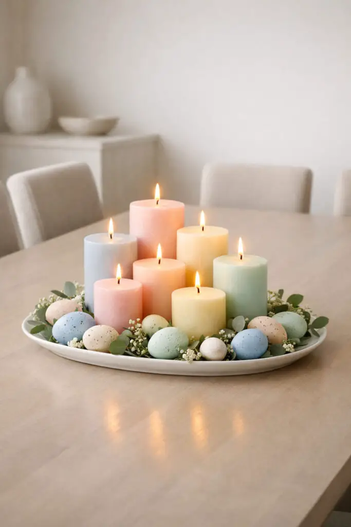 A refined spring tablescape presents an empty large dining table adorned with a candle-focused easter centerpiece made of clustered pillar candles in soft pastel tones such as blush pink, powder blue, pale mint, and creamy yellow. The candles are arranged on a simple tray with varying heights to create dimension, while decorative speckled eggs and loose greenery are tucked around the base, forming a very well decorate centerpiece that feels soft, seasonal, and polished. The room embraces a minimalist look, with a clean tabletop, restrained color palette, and uncluttered surroundings that allow the candle grouping to stand out. Elegant dining chairs border the table evenly, giving the scene a balanced and inviting structure. The overall image feels warm and sophisticated, with soft light reflecting gently off the candle surfaces and creating a calm, elevated Easter dining atmosphere.