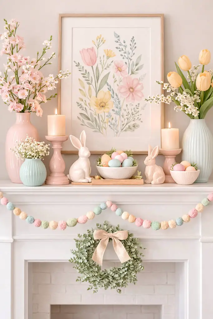 A cheerful pastel-themed easter mantel features a harmonious palette of soft spring colors. Pale pink candle holders, baby blue ceramic eggs, mint green vases, and buttery yellow accents are arranged carefully to create a very well decorate mantel that feels joyful but not overwhelming. The decorations are spaced evenly along the shelf, maintaining a tidy minimalist layout. A simple framed botanical print sits at the center, leaning casually against the wall. Small bunny figurines sit beside pastel egg bowls, repeating colors across the easter mantel to create visual rhythm. The styling is light, elegant, and balanced, proving that a very well decorate mantel can be colorful while still maintaining a calm minimalist aesthetic.