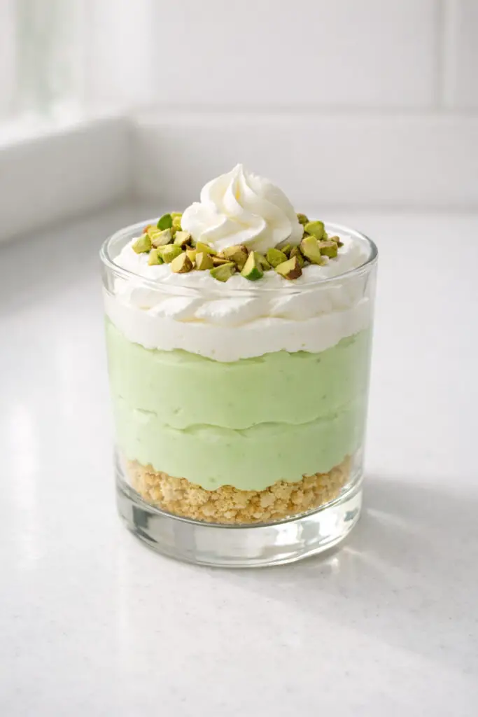 A pistachio pudding parfait dessert presented in a clear glass cup sitting on a small round white plate, placed on a bright plain white empty kitchen countertop. Visible layers include pale green pistachio pudding, fluffy white whipped cream, and finely crushed vanilla cookie crumbs. The top is garnished with chopped pistachios and a small swirl of whipped cream. Natural light enhances the soft green hue and the glossy, creamy texture of the pudding, casting gentle shadows behind the glass.