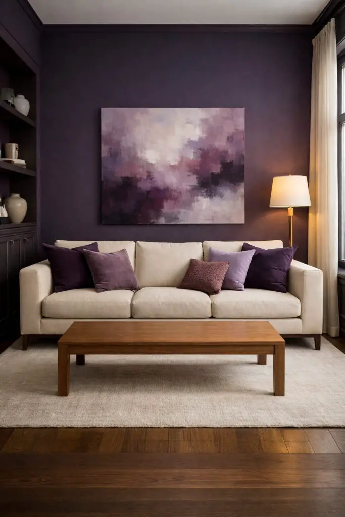 A sophisticated purple living room featuring deep plum-painted walls that create a dramatic yet elegant backdrop. The space is a very well decorate living room styled with refined details and a balanced layout. At the center sits a very cozy sofa upholstered in soft cream fabric with plush purple and plum throw pillows that echo the wall color. In front of the sofa is a simple wooden empty coffee table with clean lines, emphasizing a minimalist aesthetic. A soft neutral rug anchors the seating area while a gold floor lamp glows warmly beside the sofa. The room includes subtle décor such as a large abstract painting with plum and lavender tones, sleek shelving, and tall windows letting in natural light. The overall scene feels elegant, calm, and inviting while maintaining a carefully curated minimalist design.