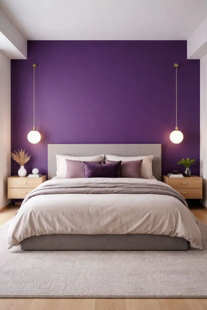 A modern purple bedroom featuring a bold violet accent wall behind the bed, designed as a very well decorated bedroom with a minimalist yet striking layout. The very cozy bed sits centered against the deep purple wall, dressed in neutral bedding with a few complementary purple cushions. The surrounding walls remain light and simple, allowing the accent wall to stand out. Clean-lined furniture and minimal accessories keep the focus on the dramatic color contrast.