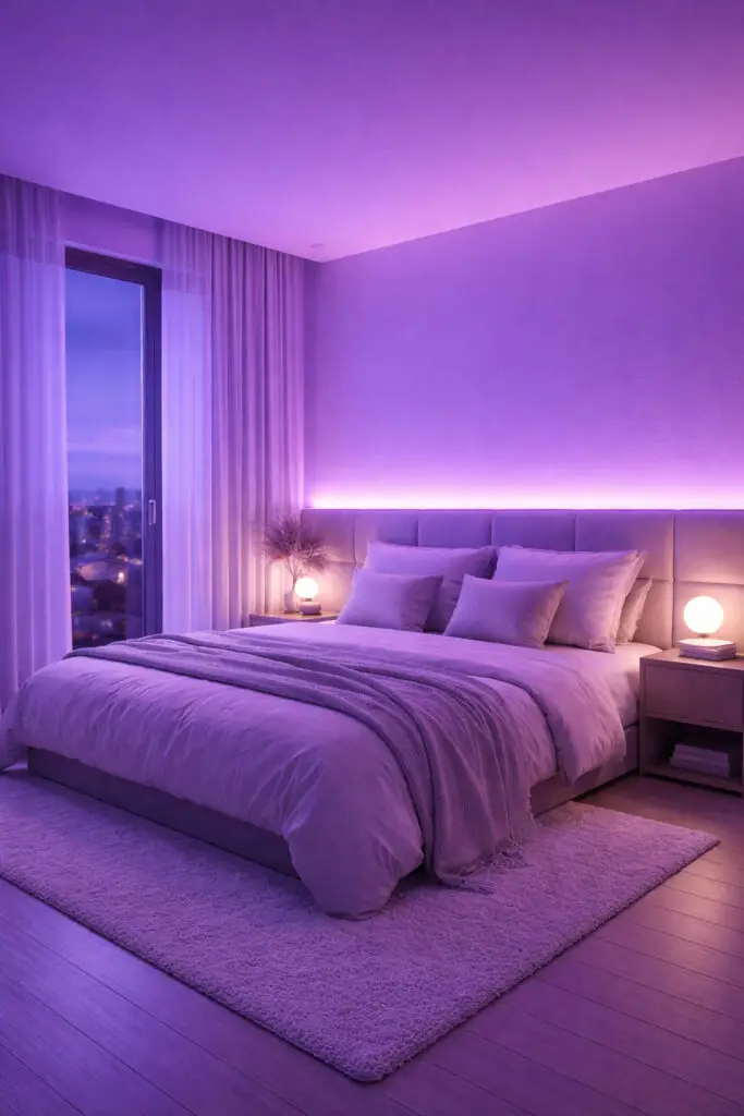 A dreamy hotel purple bedroom illuminated with soft purple lighting that creates a calming ambiance, designed as a very well decorated bedroom with a minimalist and cozy vibe. The very cozy bed is positioned under subtle LED lighting that casts a gentle purple hue across the room. Neutral bedding and simple furniture keep the space uncluttered, while the lighting becomes the focal point. The overall effect is soothing, modern, and slightly magical.