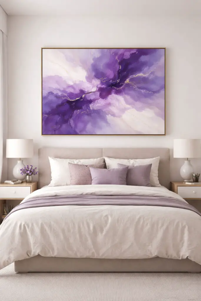A curated purple bedroom featuring artwork with rich purple hues as the focal point, styled as a very well decorated bedroom with a minimalist and artistic touch. The very cozy bed is dressed in neutral linens with subtle purple accents, positioned beneath a large abstract painting showcasing shades of violet and lavender. Clean walls and simple furniture allow the artwork to stand out, creating a balanced and thoughtfully designed space. No throw blanket